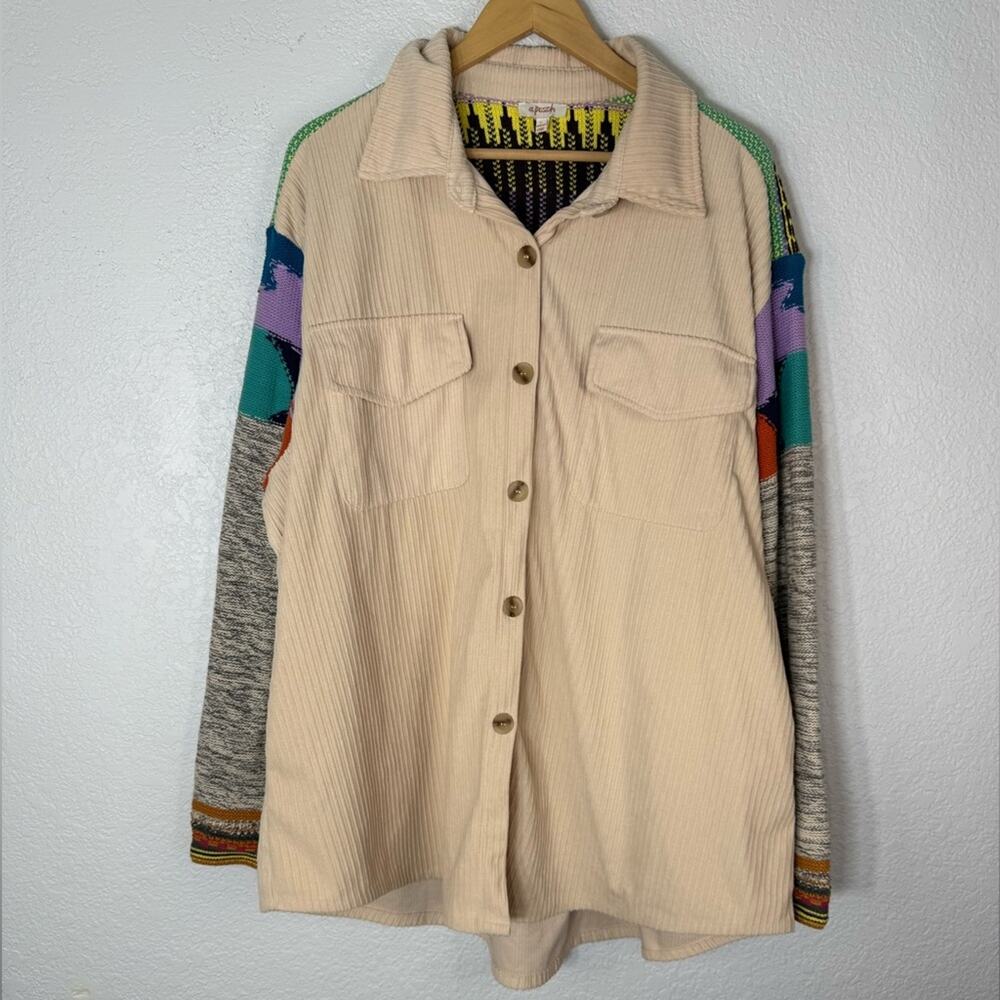 A. Peach Mixed Media Corduroy and Patchwork Sweater Shacket Jacket Layer Boho